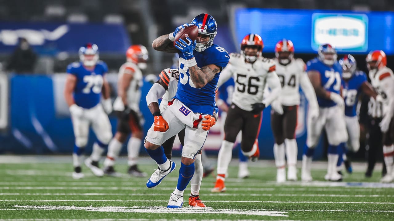 New York Giants Odell Beckham Jr. celebrates in the end zone after catching  a 87 yard touchdown pass in the first quarter against the New England  Patriots at MetLife Stadium in East