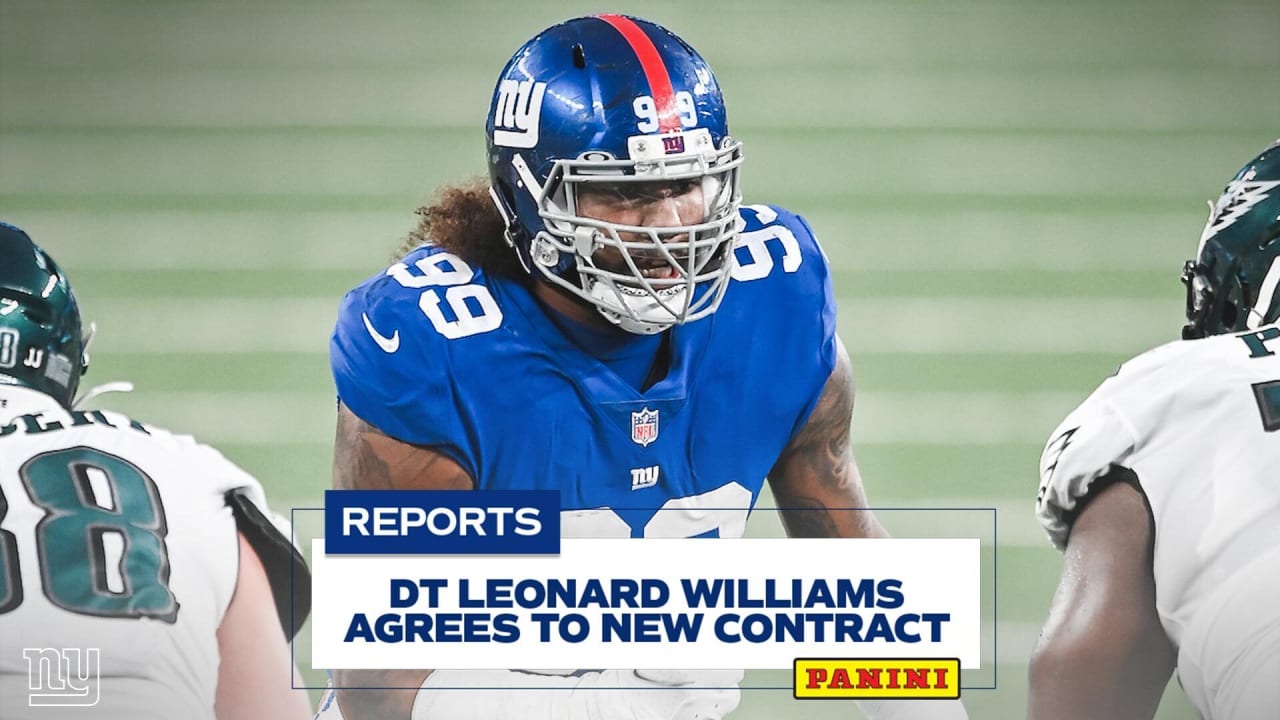 New York Giants defensive end Leonard Williams (99) gets set before a play  during an NFL football game against the Las Vegas Raiders, Sunday, Nov. 7,  2021, in East Rutherford. N.J. The