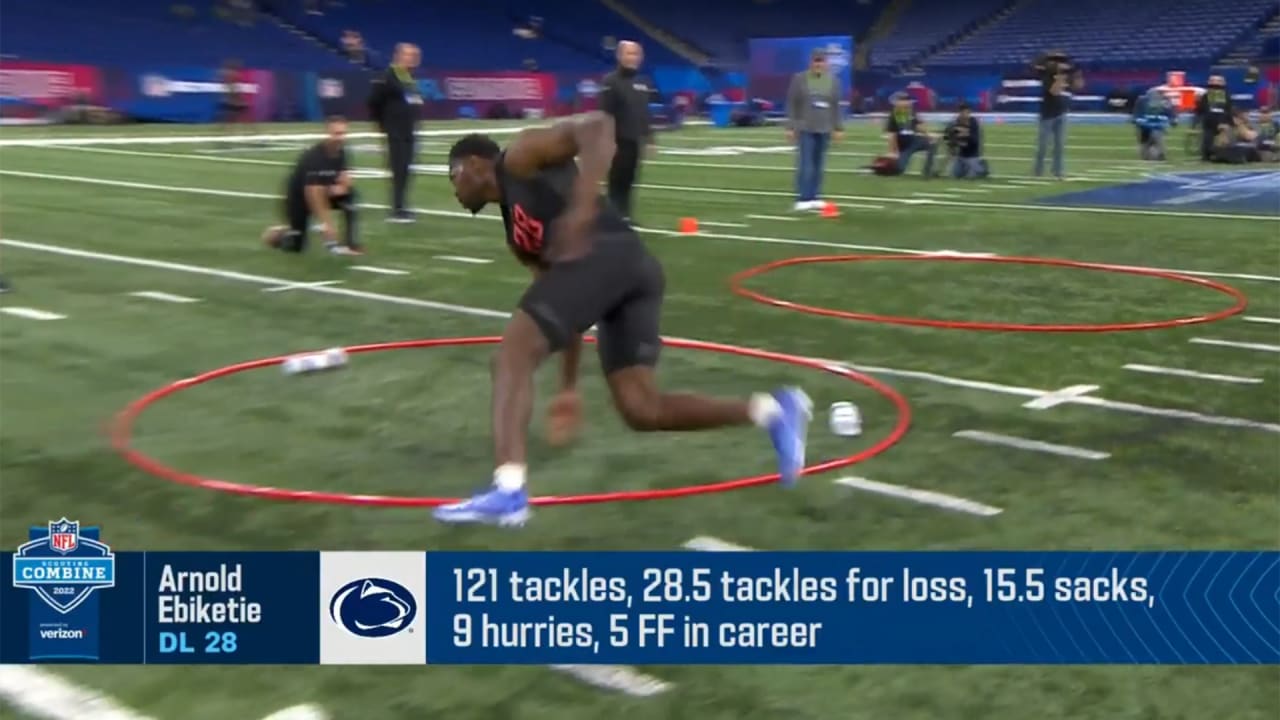 Penn State defensive lineman Arnold Ebiketie catches a pass during