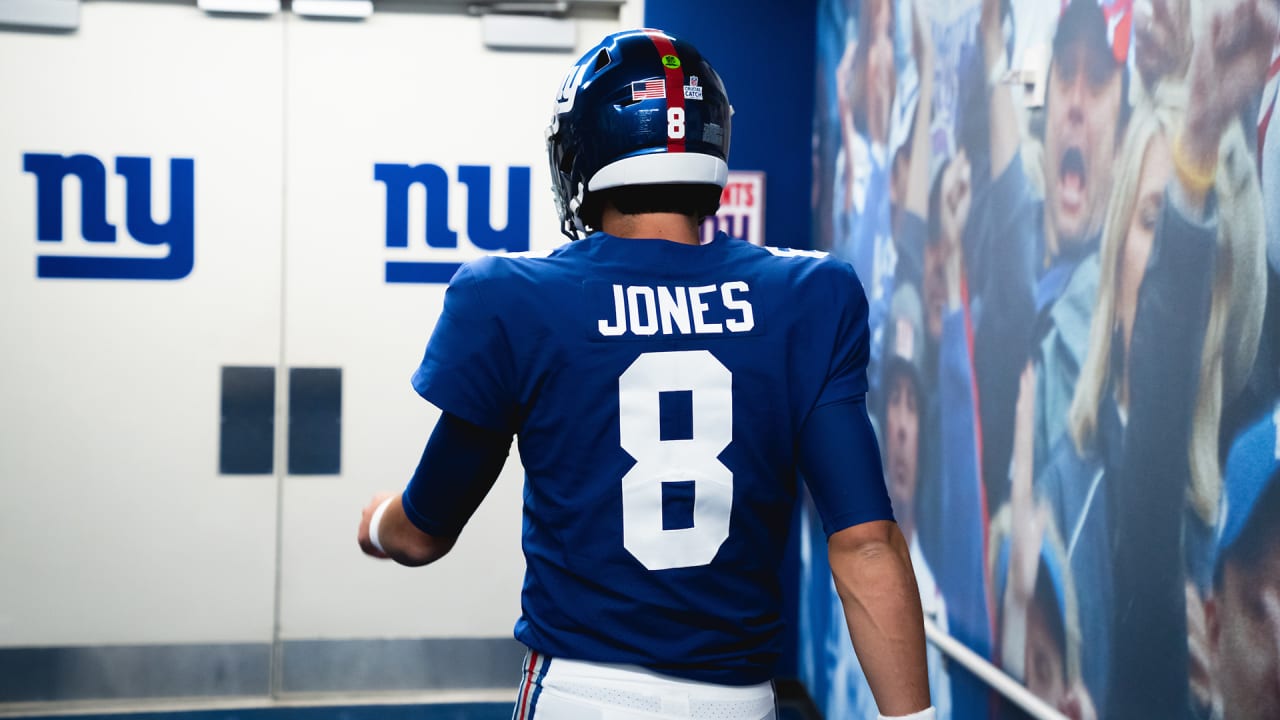 New York, USA. August 8, 2019, East Rutherford, New Jersey, USA: New York  Giants quarterback Daniel Jones (8) celebrates with running back Saquon  Barkley (26) after throwing his first touchdown pass during