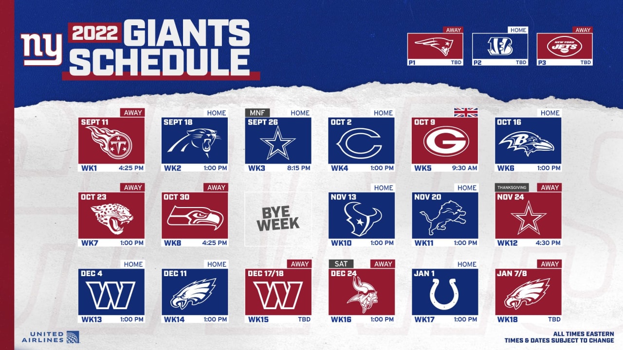 2022 New York Giants Schedule: Complete schedule, tickets & matchup  information for 2022 NFL season