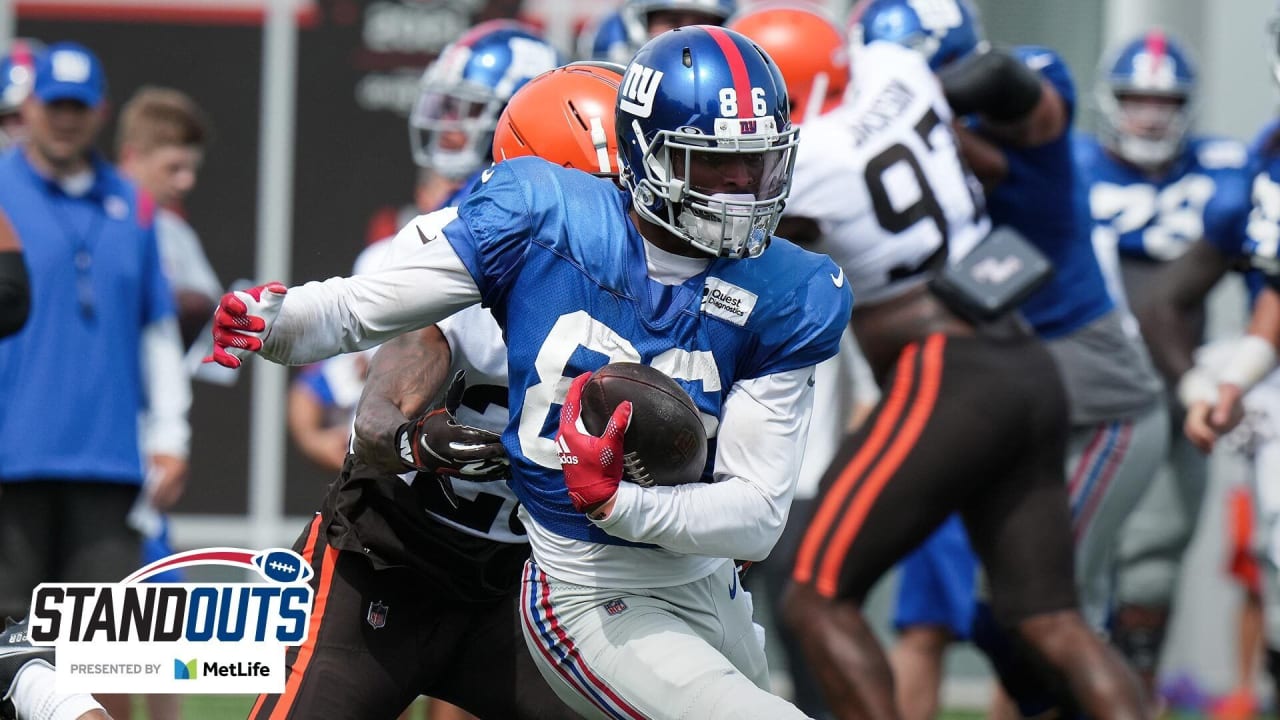 New York Giants wide receiver Kenny Golladay catches a pass during a joint NFL  football training camp practice with the Cleveland Browns Friday, Aug. 20,  2021, in Berea, Ohio. (AP Photo/Ron Schwane