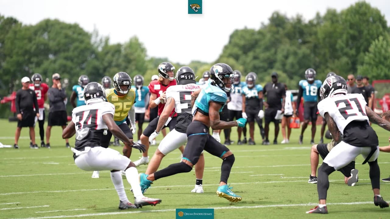 Jacksonville Jaguars running back JaMycal Hasty (22) runs after a reception  during a practice at the NFL football team's training camp, Saturday, July  29, 2023, in Jacksonville, Fla. (AP Photo/John Raoux Stock