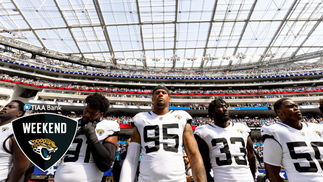 JACKSONVILLE, FL - JANUARY 14: Jacksonville Jaguars safety Andre Cisco (5)  during the game between the Los Angeles Chargers and the Jacksonville  Jaguars on January 14, 2023 at TIAA Bank Field in