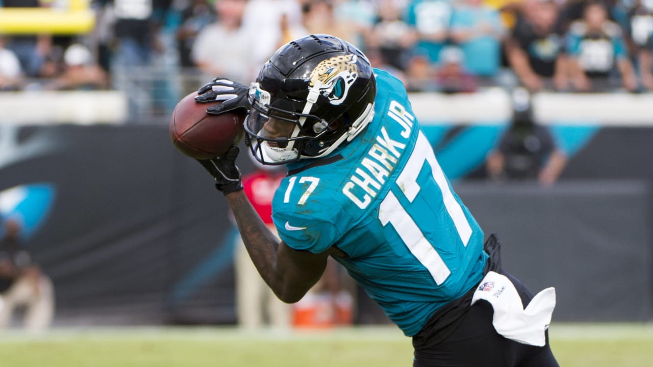 Jacksonville Jaguars wide receiver D.J. Chark (17) celebrates following a  touchdown against the Carolina Panthers during the first half of an NFL  football game in Charlotte, N.C., Sunday, Oct. 6, 2019. (AP