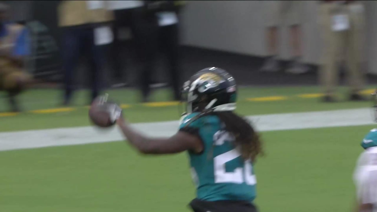 Jacksonville Jaguars running back D'Ernest Johnson (25) runs into the end  zone to score a touchdown during the first half of an NFL preseason  football game against the Miami Dolphins, Saturday, Aug.