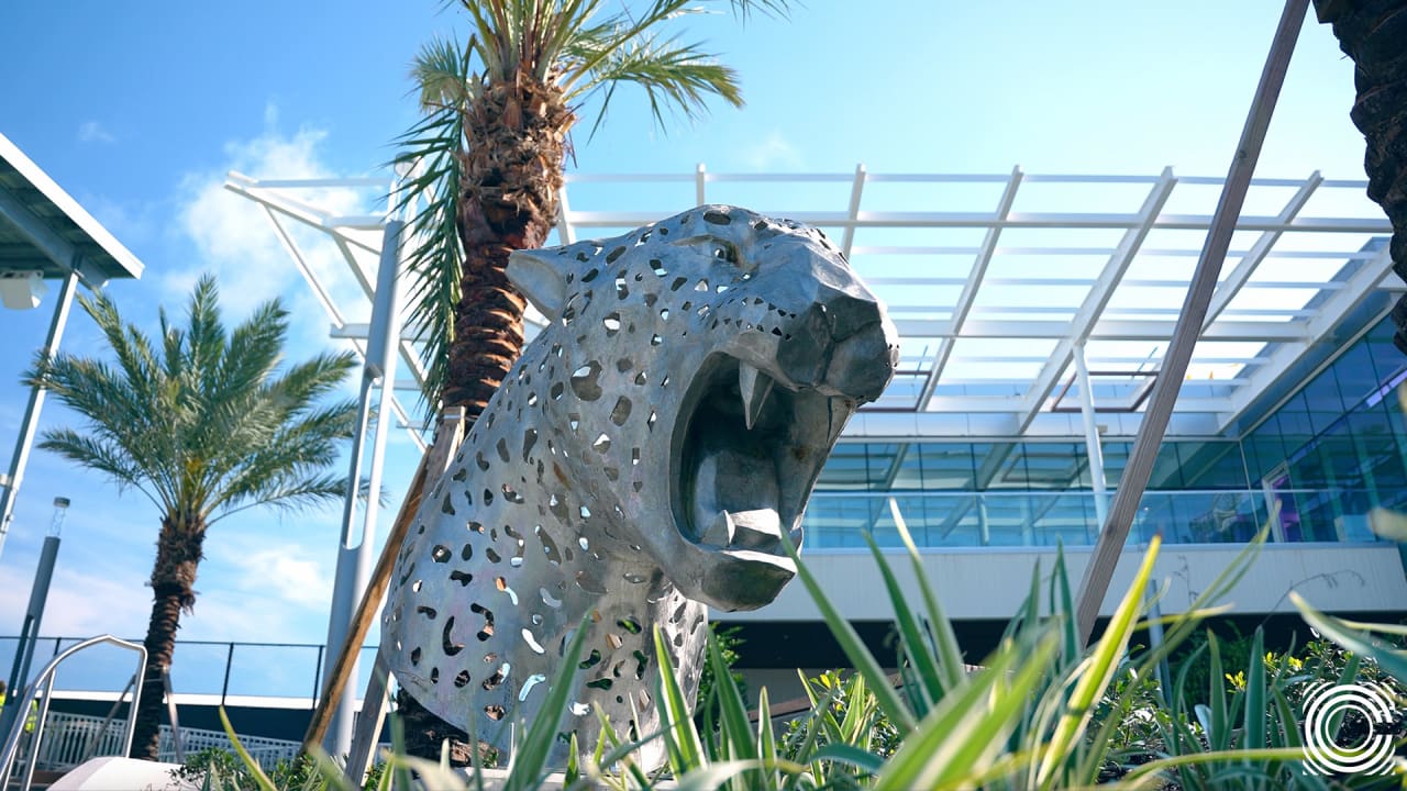 Jaguar Sculpture Installation Outside Miller Electric Center