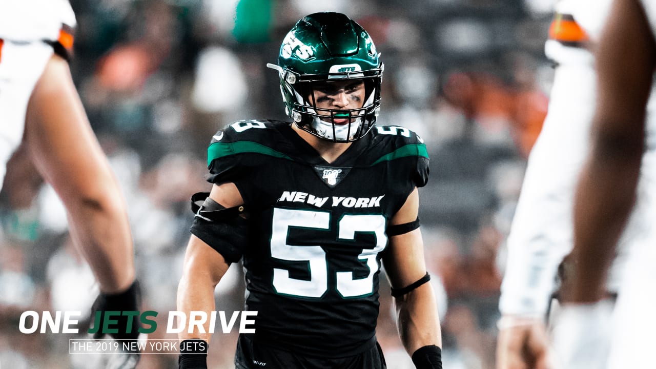 New York Jets linebacker Blake Cashman (53) defends during the first half  of an NFL football game against the New England Patriots, Sunday, Oct. 24,  2021, in Foxborough, Mass. (AP Photo/Stew Milne