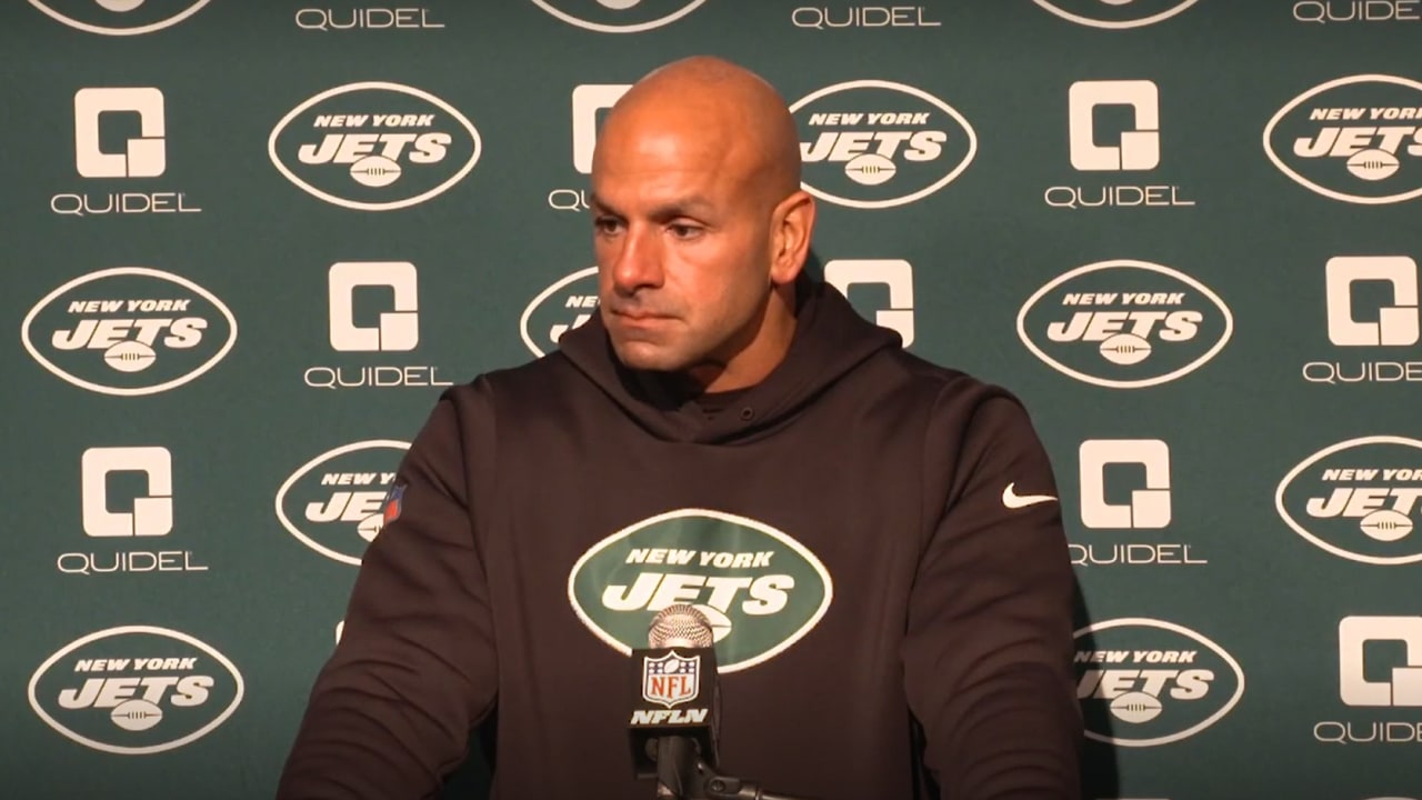 New York Jets' head coach Robert Saleh gives a press conference before an  NFL practice session at Hanbury Manor Marriott Hotel and Country Club near  the town of Ware, in south east