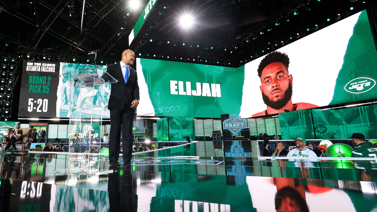 Men's Nike Elijah Moore Green New York Jets 2021 NFL Draft Pick Player Name  & Number T-Shirt