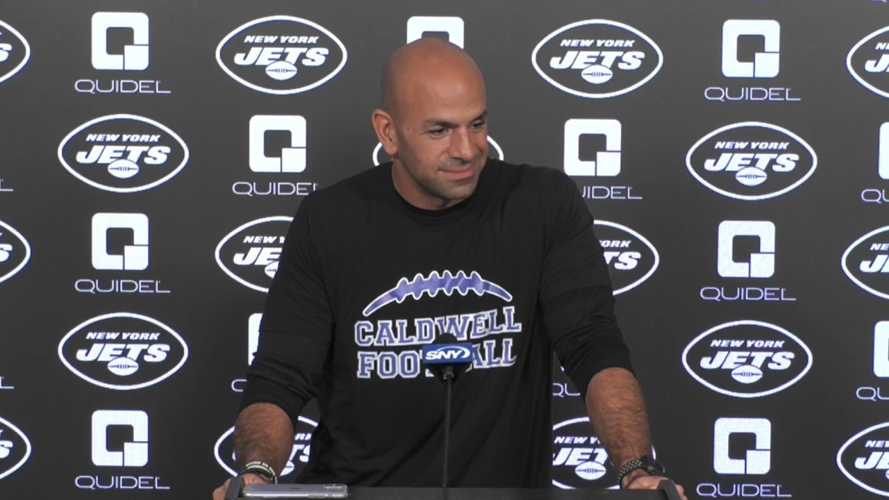 New York Jets' Robert Saleh gives a press conference before an NFL practice  session at Hanbury Manor Marriott Hotel and Country Club near the town of  Ware, in south east England, Friday