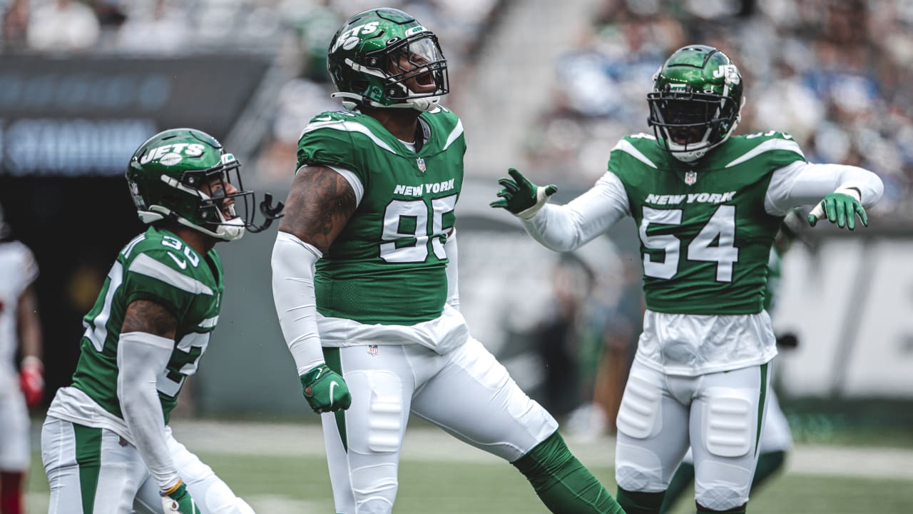 New York Jets cornerback Sauce Gardner (1) runs on a play in the first half  of a preseason NFL football game against the New York Giants, Sunday, Aug.  28, 2022, in East