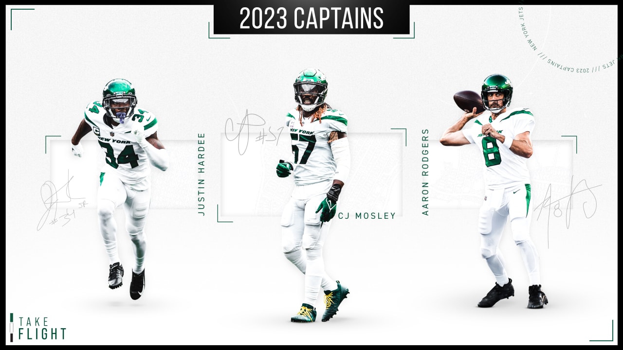 2023 New York Jets Captains - Aaron Rodgers, C.J. Mosley and Justin Hardee