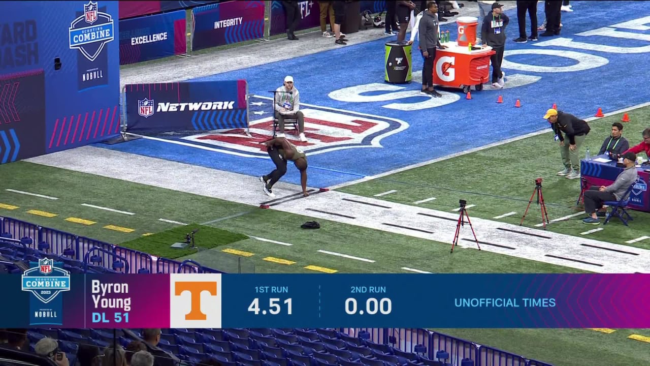 NFL Combine 2023: Tennessee edge rusher Byron Young runs 40-yard dash in  4.43 seconds