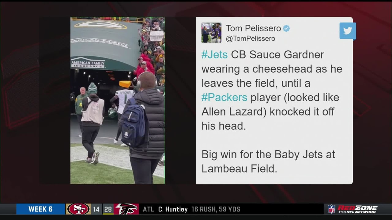 Jets' Sauce Gardner Parades Around Lambeau Field With Cheesehead (Video) -  Sports Illustrated