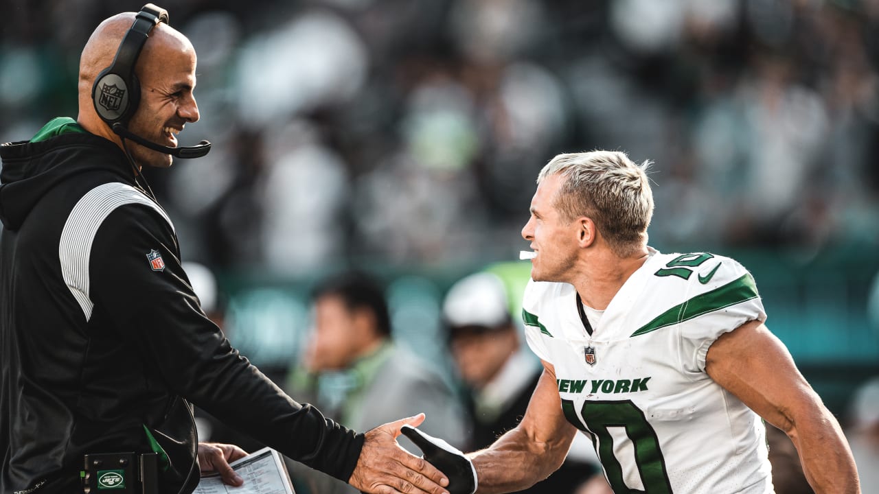 Jets receiver Braxton Berrios is hyped after scoring a first-quarter  touchdown against the Dolphins. 