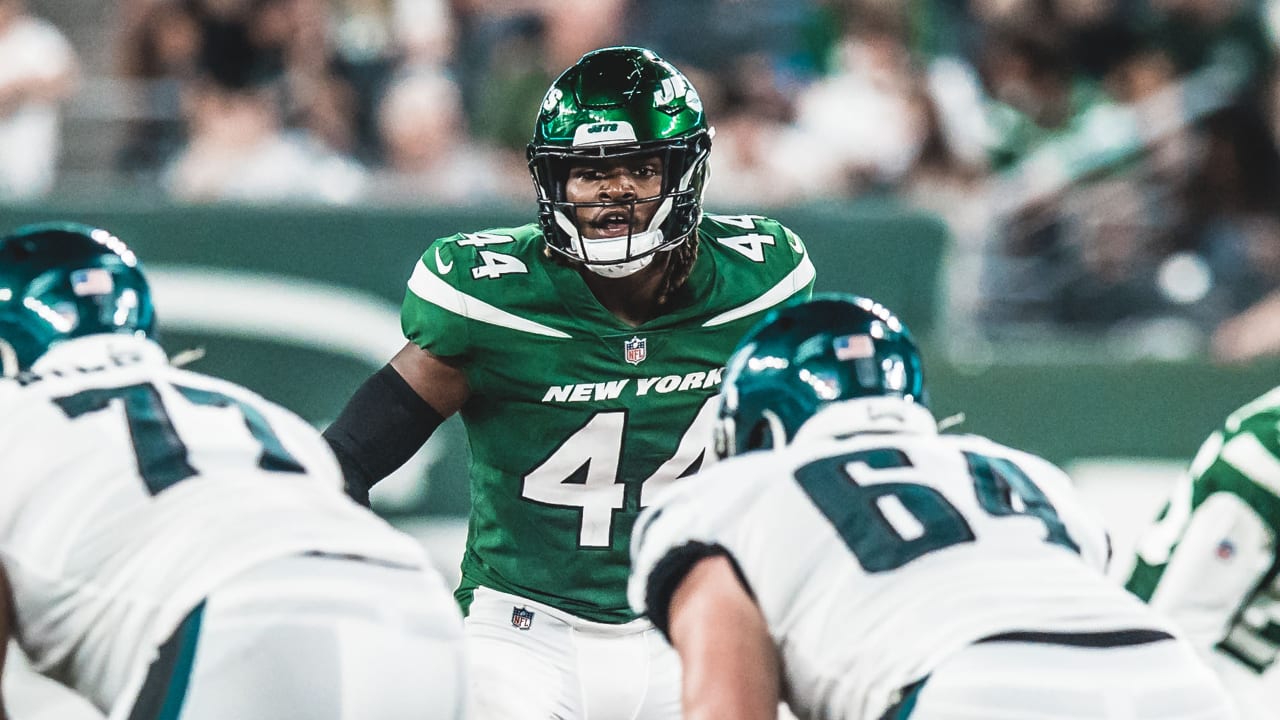 New York Jets linebacker Hamsah Nasirildeen (45) in action during the  second half of an NFL preseason football game Saturday, Aug 21. 2021,  between the New York Jets and Green Bay Packers