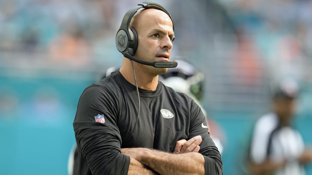 New York Jets head coach Robert Saleh watches a replay on screen on the  sidelines during an NFL football game against the Miami Dolphins, Sunday,  Dec. 19, 2021, in Miami Gardens, Fla. (