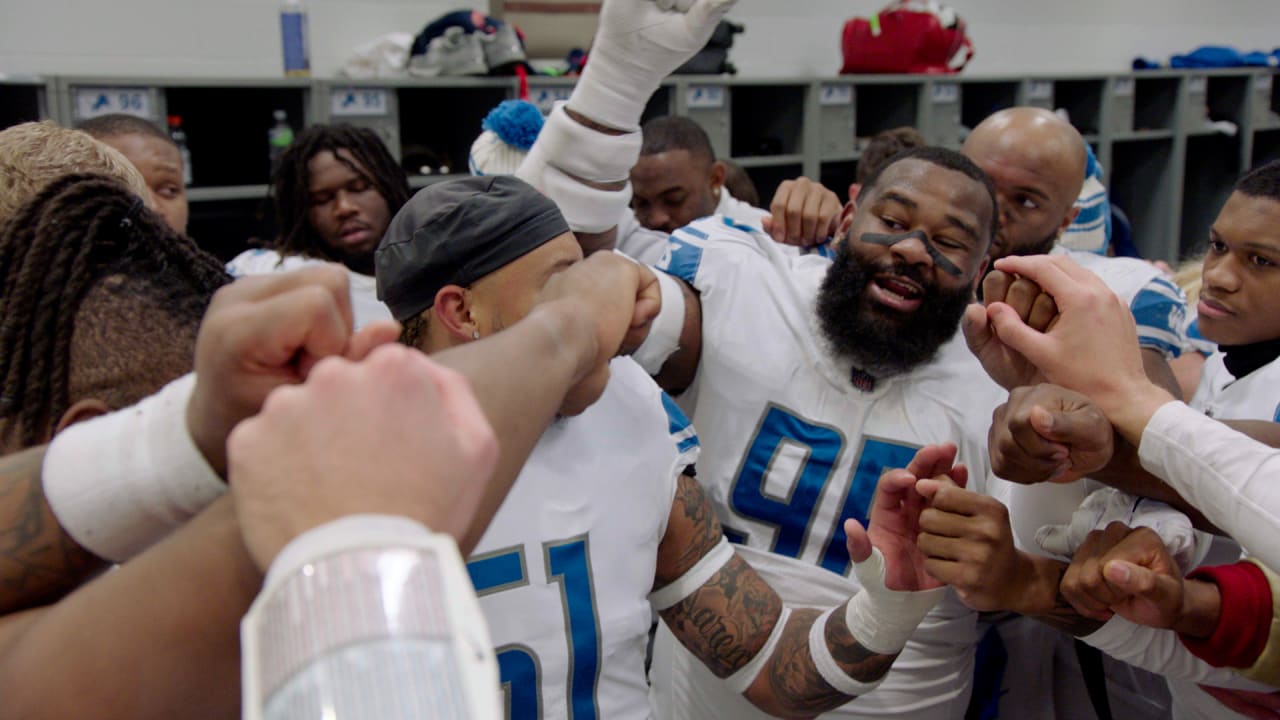 Watch the Detroit Lions' locker room celebration while chanting Dan