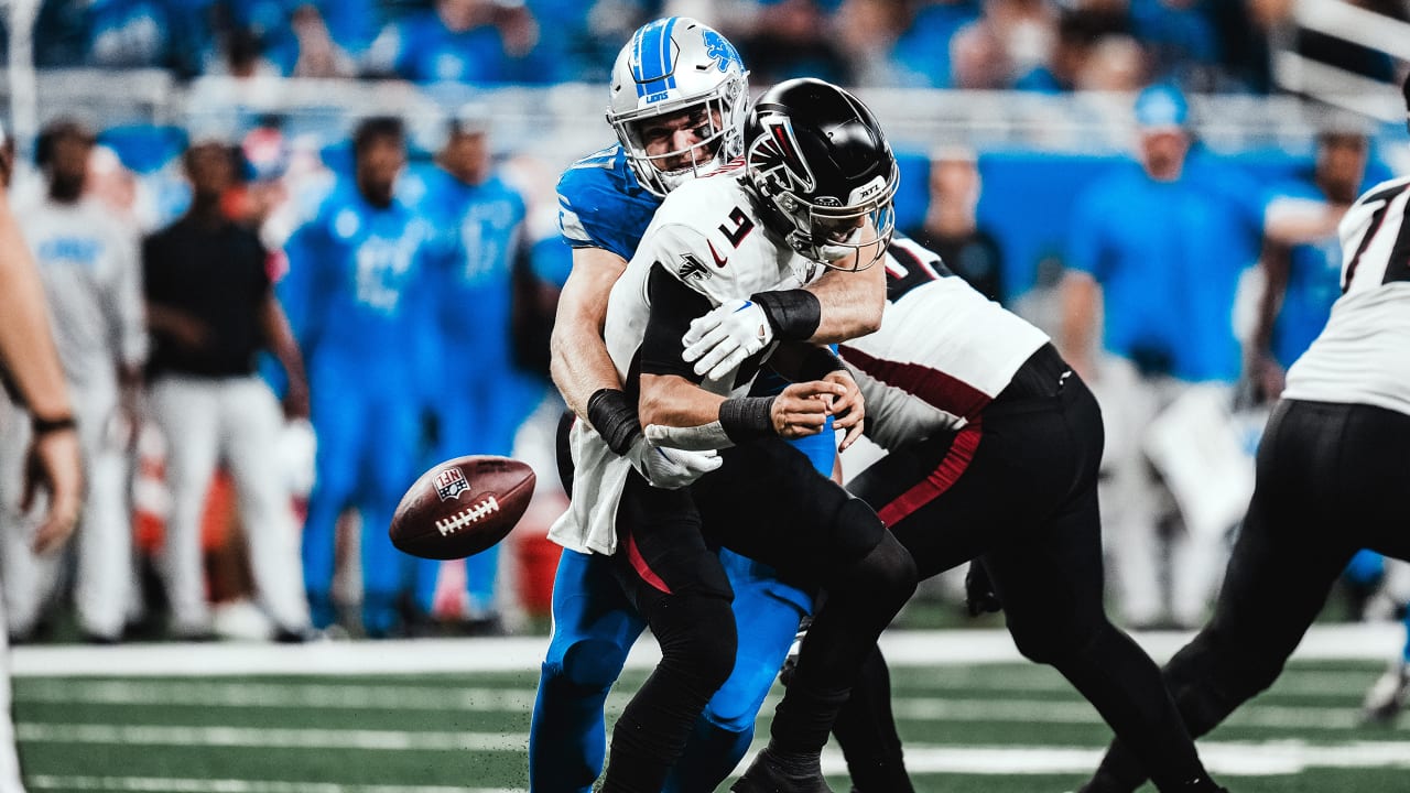 Atlanta Falcons defensive end Arnold Ebiketie (47) rushes on defense  against the Detroit Lions during an NFL football game, Friday, Aug. 12,  2022, in Detroit. (AP Photo/Rick Osentoski Stock Photo - Alamy