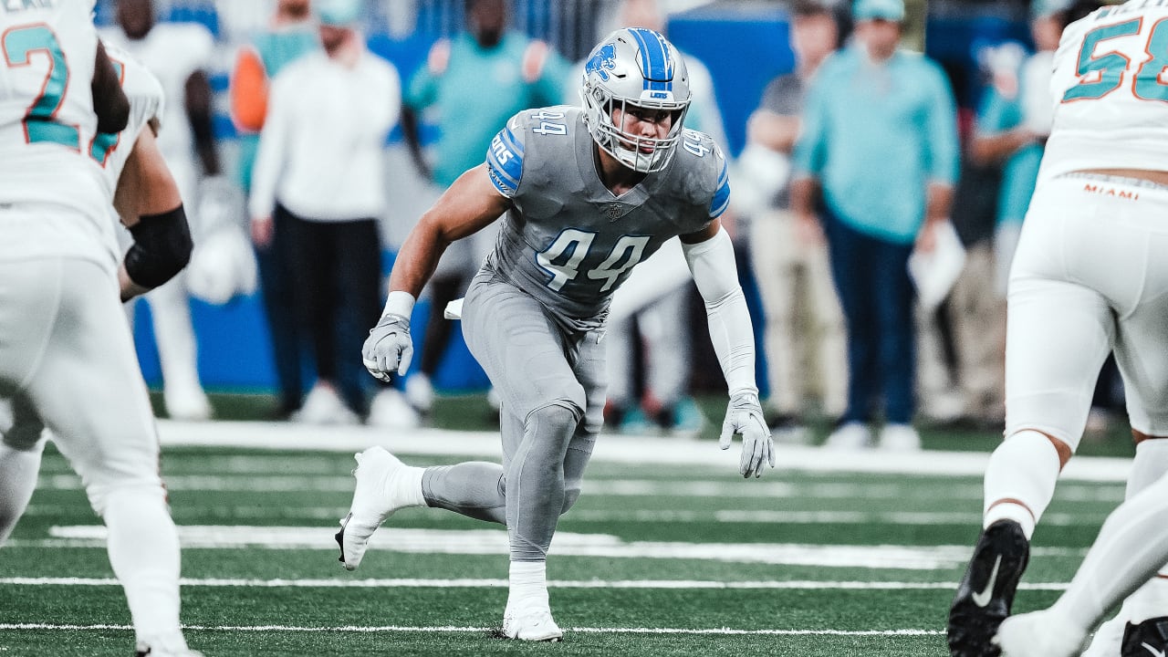 DETROIT, MI - OCTOBER 30: Detroit Lions linebacker Malcolm Rodriguez (44)  walks off of the field at the conclusion of an NFL football game between  the Miami Dolphins and the Detroit Lions