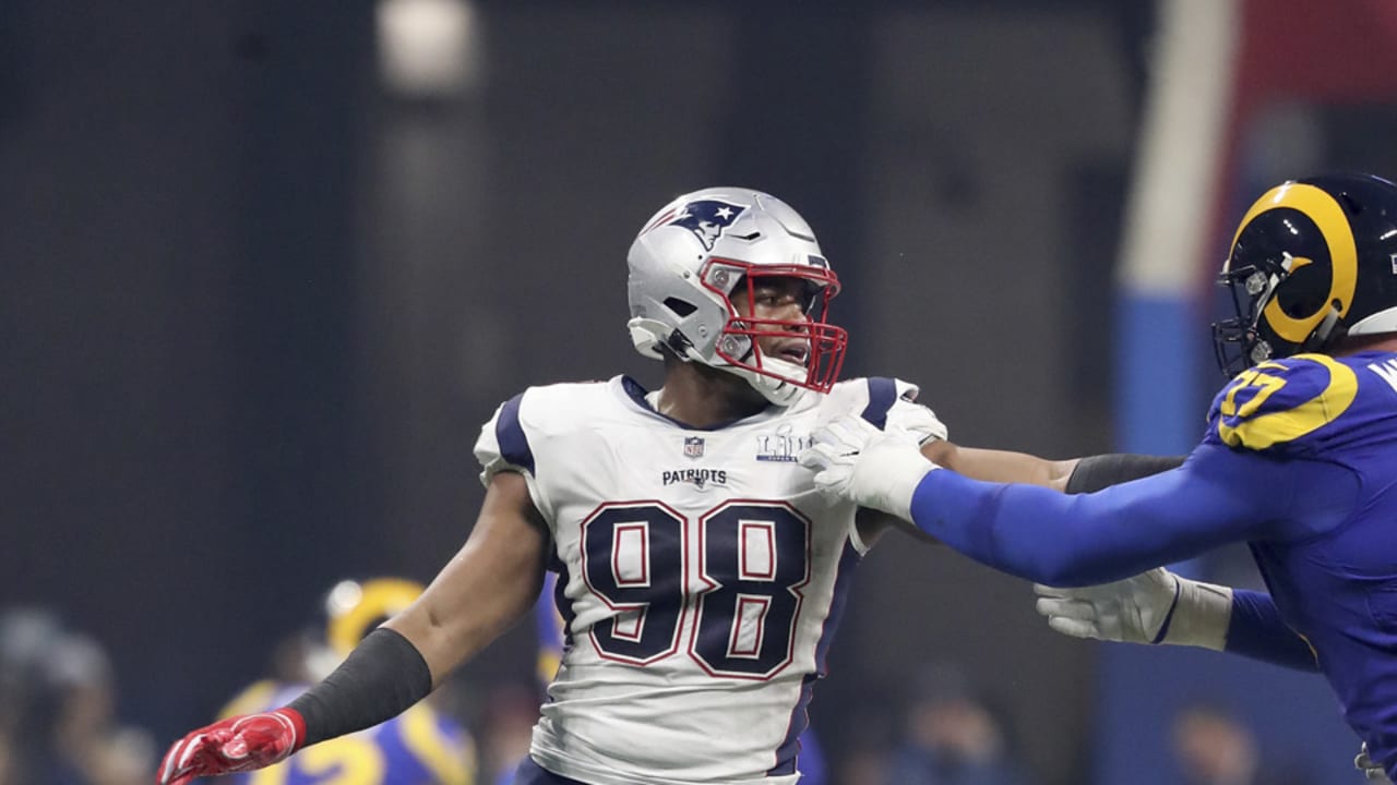 New England Patriots defensive lineman Trey Flowers #98 in action against  the Philadelphia Eagles at Super Bowl 52 on Sunday, February 4, 2018 in  Minneapolis. Philadelphia won the game 41-33.(AP Photo/Gregory Payan