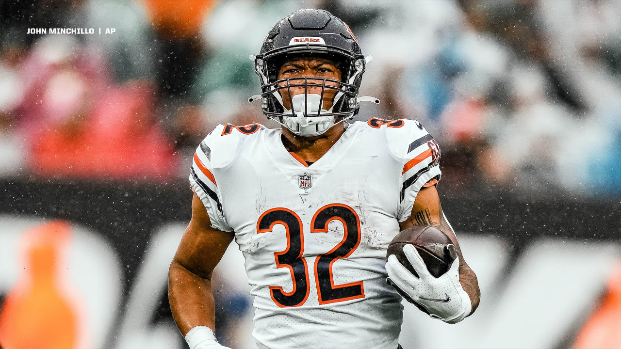 Chicago Bears running back David Montgomery (32) celebrates his touchdown  during the first half of an NFL football game against the Detroit Lions,  Sunday, Oct. 3, 2021, in Chicago. (AP Photo/Kamil Krzaczynski