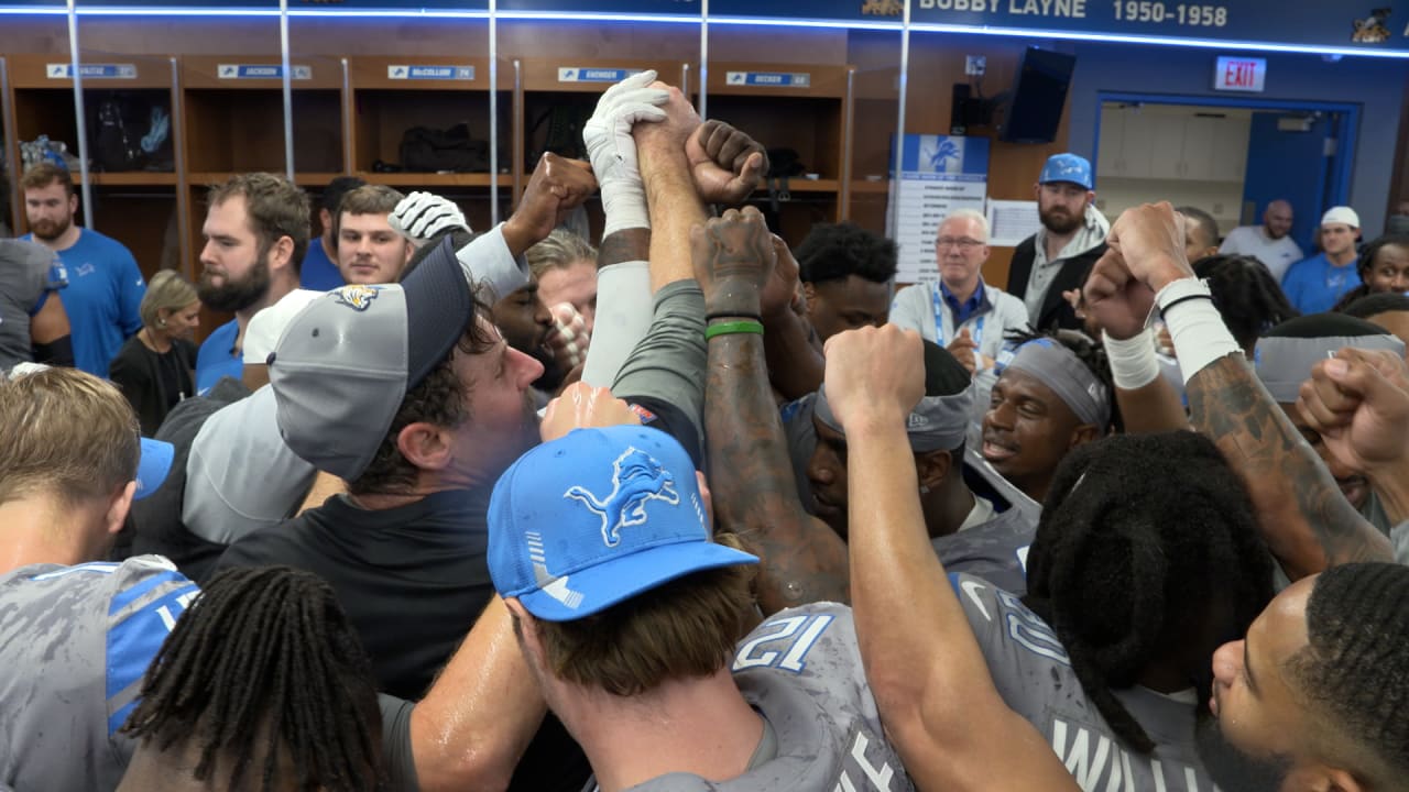 VIDEO: Lions HC Dan Campbell locker room celebration speech vs