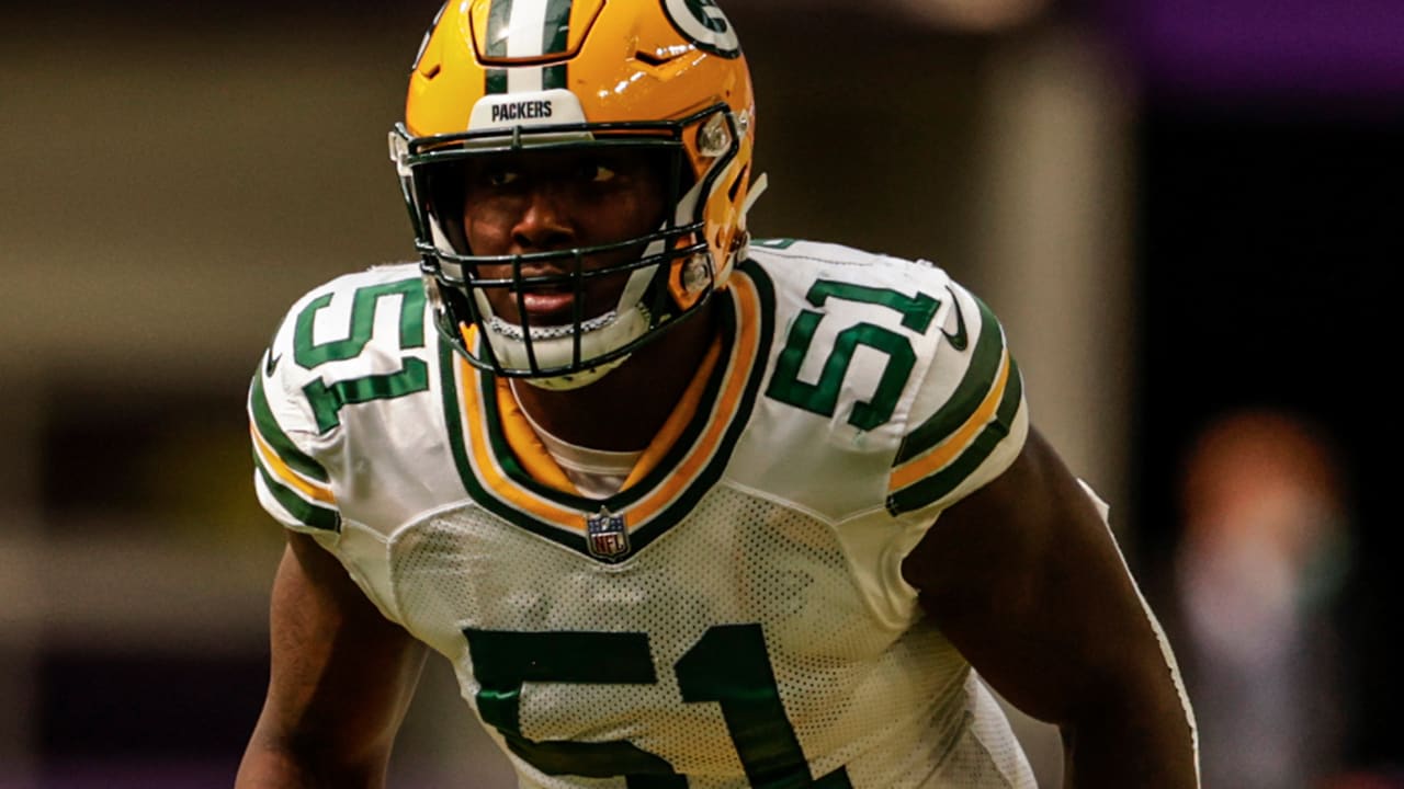 Green Bay Packers inside linebacker Krys Barnes (51) pursues a play on  defense against the Detroit Lions during an NFL football game, Sunday, Jan.  9, 2022, in Detroit. (AP Photo/Rick Osentoski Stock