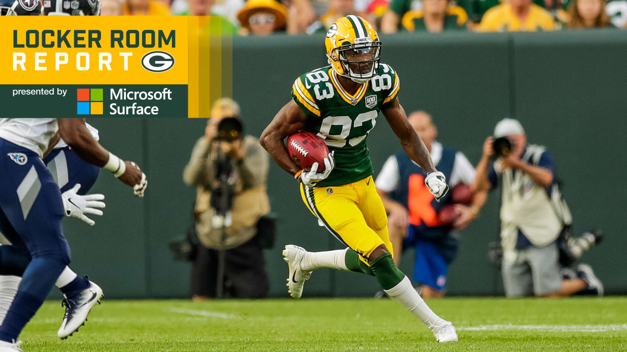 November 11, 2018: Green Bay Packers wide receiver Marquez Valdes-Scantling  #83 stiff arms Miami Dolphins cornerback Bobby McCain #28 during the NFL  Football game between the Miami Dolphins and the Green Bay