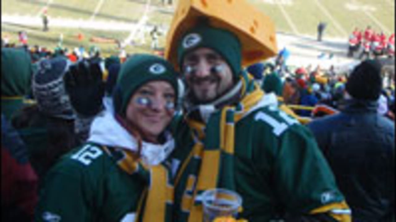 A Green Bay Packers fan shows up with the traditional Green Bay