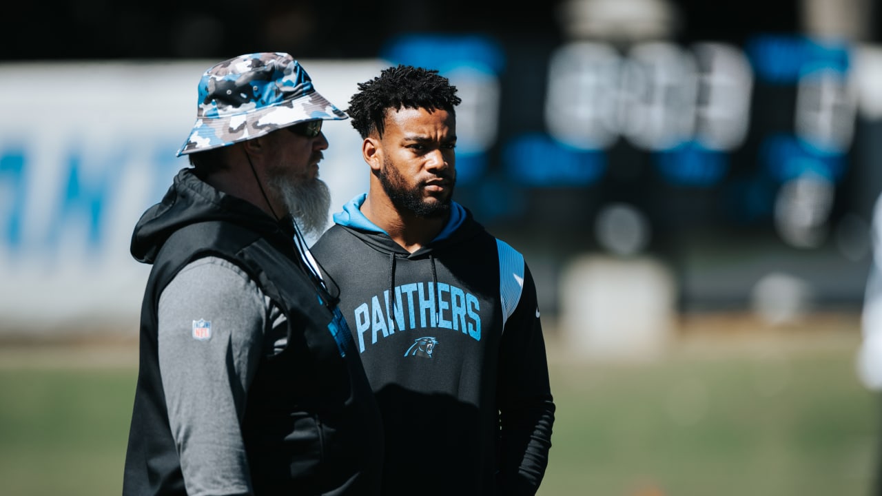 Carolina Panthers safety Jeremy Chinn warms up before an NFL