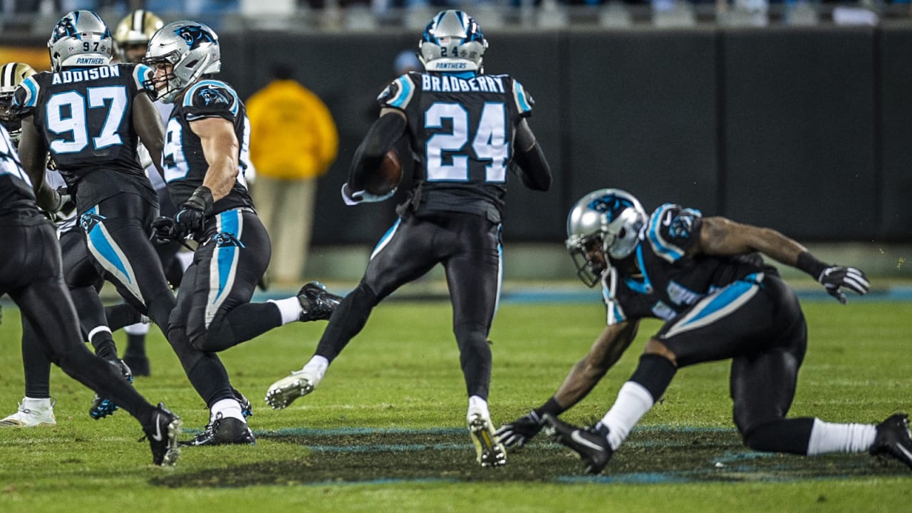 James Bradberry #24 Cornerback of The Carolina Panthers intercepts a  touchdown pass meant for Mike Evans #13 Wide Receiver of Tampa Bay during  the NFL game between Carolina Panthers and Tampa Bay