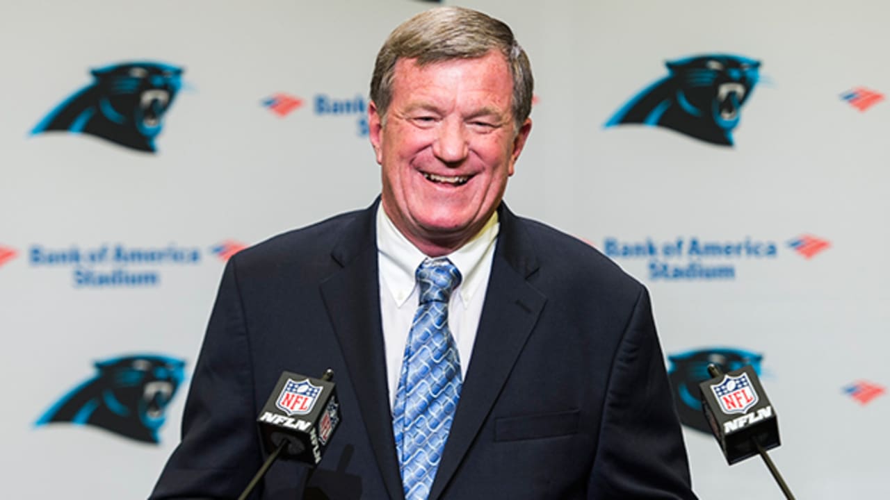 Carolina Panthers interim general manager Marty Hurney speaks to the media  during a news conference in Charlotte, N.C., Wednesday, July 19, 2017. The  Panthers rehired Marty Hurney as their interim general manager