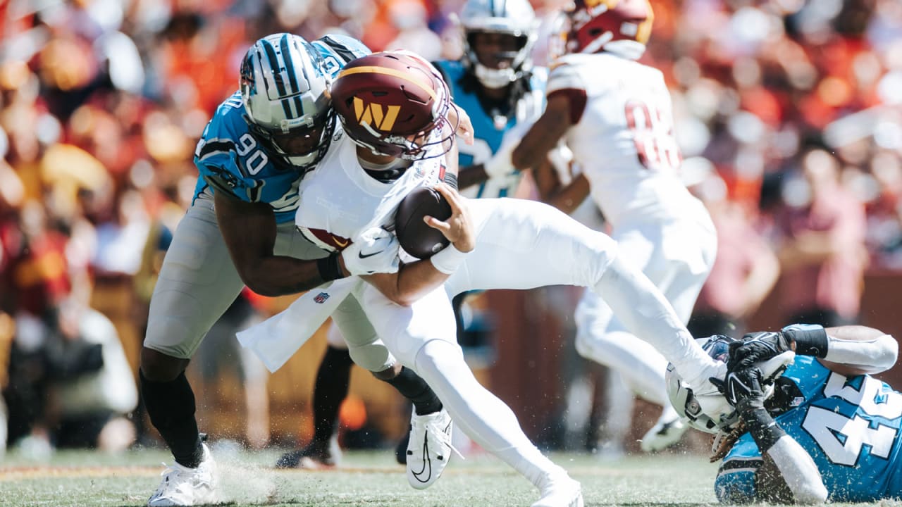 Carolina Panthers CB Duke Dawson in perfect spot to intercept Washington  Commanders QB Taylor Heinicke's pass