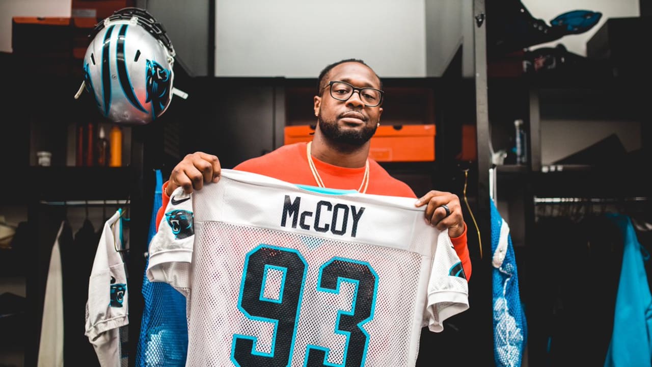 Carolina Panthers defensive tackle Gerald McCoy (93) reacts lines up  against the Tampa Bay Buccaneers during the first half of an NFL football  game in Charlotte, N.C., Thursday, Sept. 12, 2019. (AP