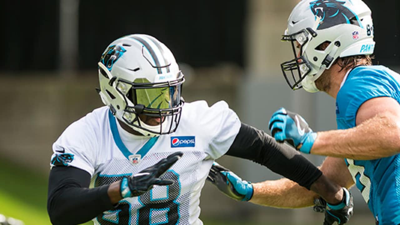 Carolina Panthers' James Bradberry (24) runs a drill during an NFL