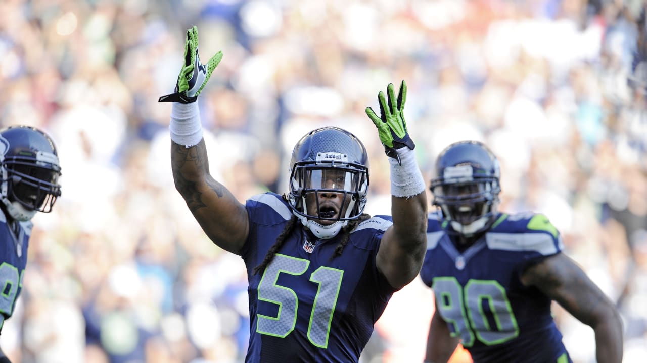 Seattle Seahawks linebacker Bruce Irvin (51) runs onto the field before  during an NFL football game against the New York Giants, Sunday, Oct. 30,  2022, in Seattle, WA. The Seahawks defeated the