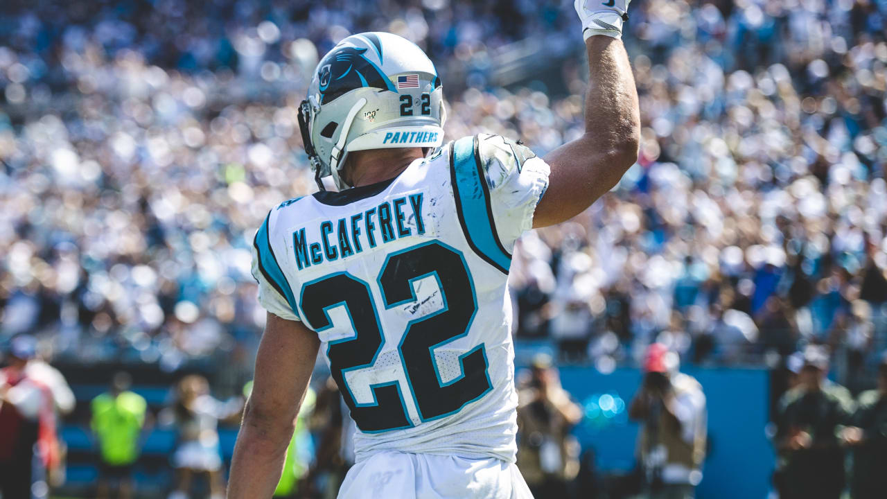 Charlotte, NC, USA. 23rd Dec, 2018. Atlanta Falcons linebacker Deion Jones  (45) gets stiff armed by Carolina Panthers running back Christian McCaffrey  (22) the NFL matchup at Bank of America Stadium in