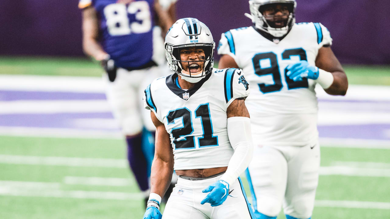 Carolina Panthers safety Jeremy Chinn (21) gets set during an NFL