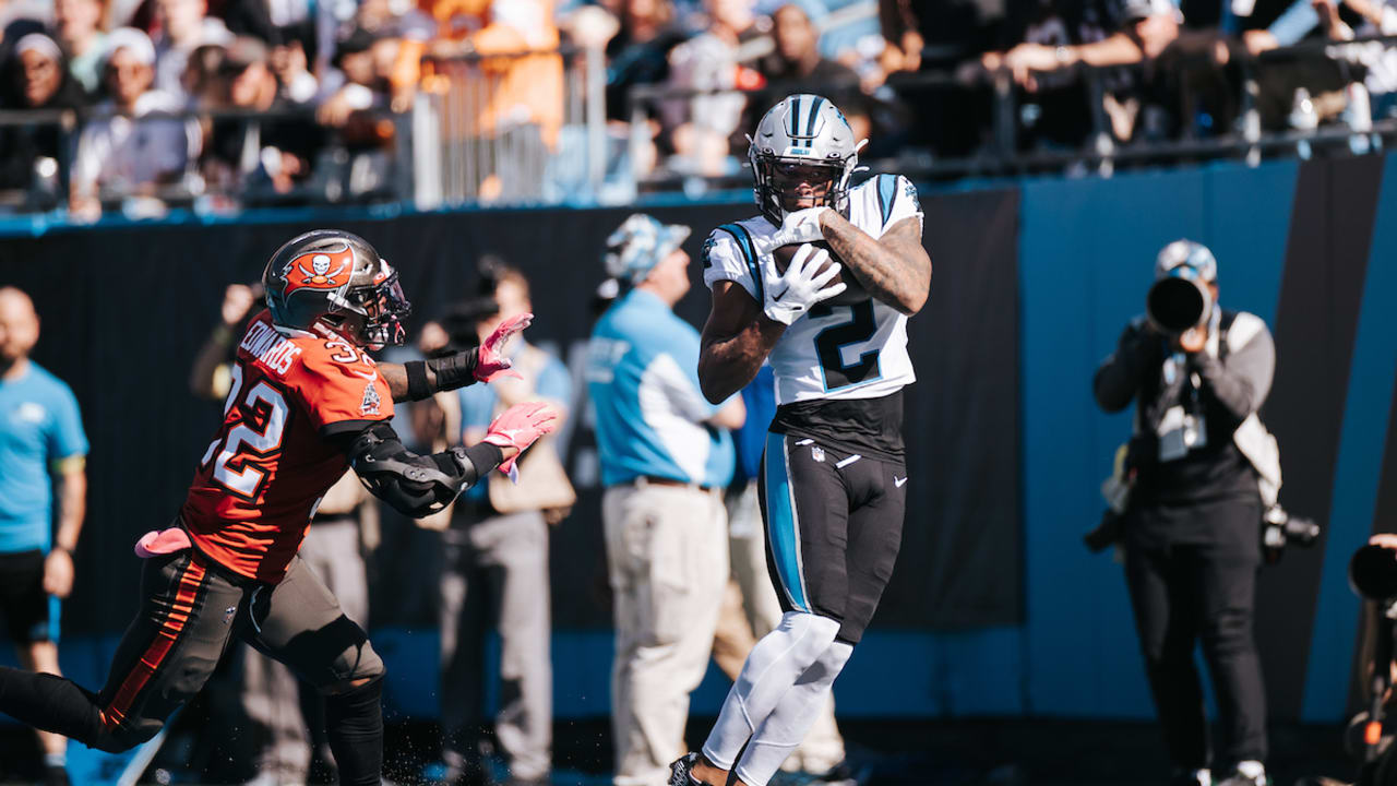 November 7, 2021: Carolina Panthers wide receiver D.J. Moore (2) celebrates  a first down catch against the New England Patriots in the third quarter of  the NFL matchup at Bank of America