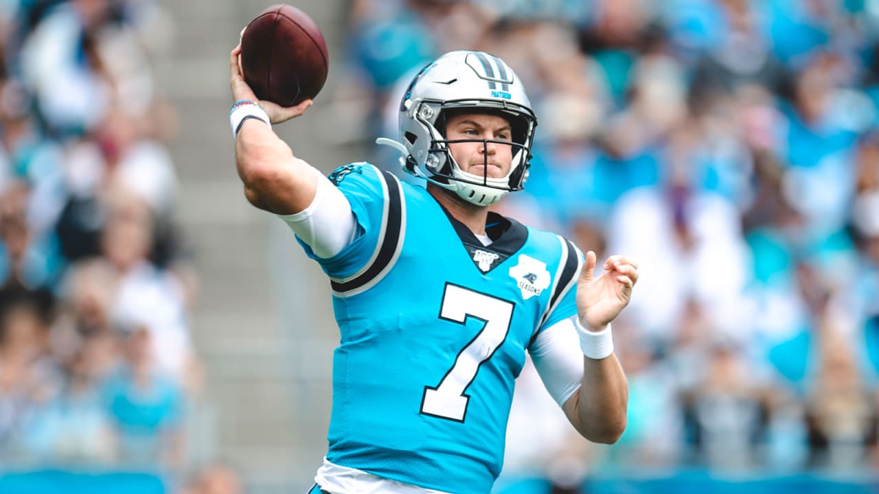 Carolina Panthers quarterback Kyle Allen (7) greets fans as he