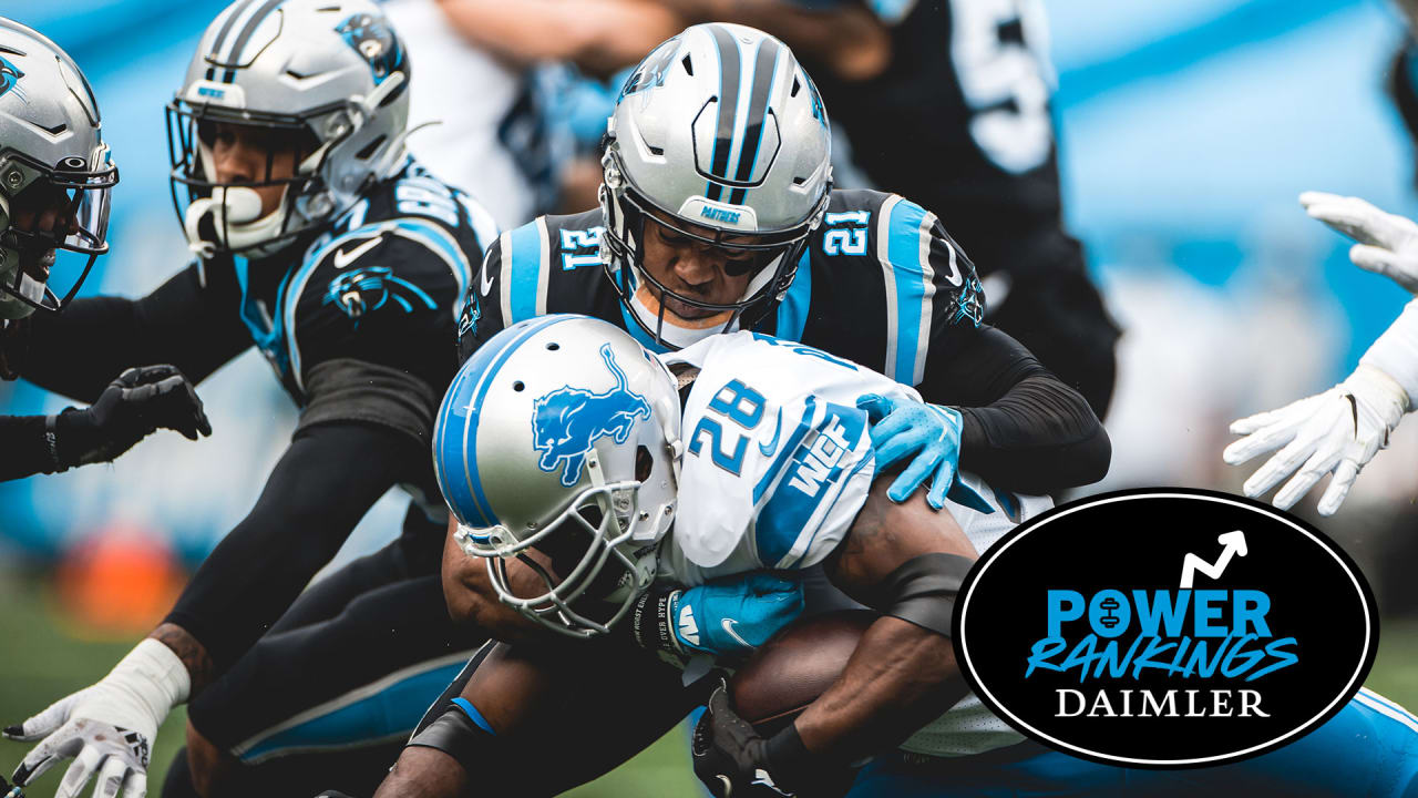 Carolina Panthers quarterback Cam Newton talks on the sidelines as the  Panthers play the Los Angeles Rams in the second half of an NFL football  game in Charlotte, North Carolina on September