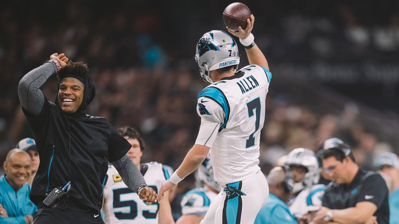 Carolina Panthers quarterback Kyle Allen (7) warms up prior to an