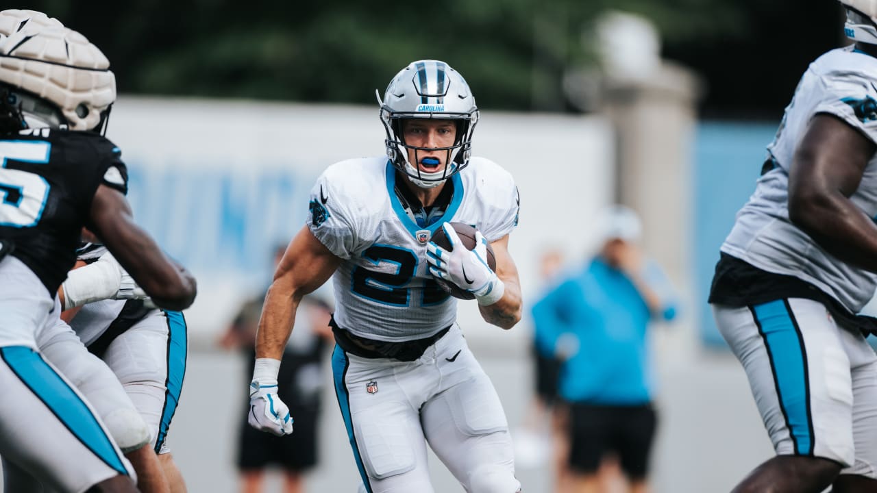 Carolina Panthers running back Christian McCaffrey (22) runs off the field  after a play during the second half of an NFL football game against the  Carolina Panthers in Detroit, Michigan USA, on