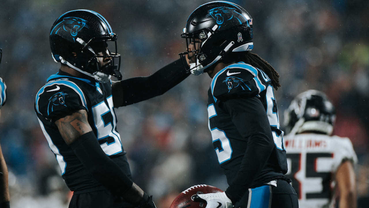 Atlanta Falcons vs. Carolina Panthers. NFL Game. American Football League  match. Silhouette of professional player celebrate touch down. Screen in  bac Stock Photo - Alamy