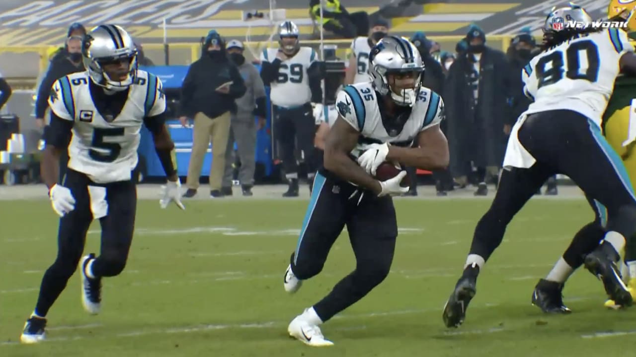 Carolina Panthers running back Rodney Smith (20) runs off the field against  the New York Giants during an NFL football game, Sunday, Oct. 24, 2021, in  East Rutherford, N.J. (AP Photo/Adam Hunger