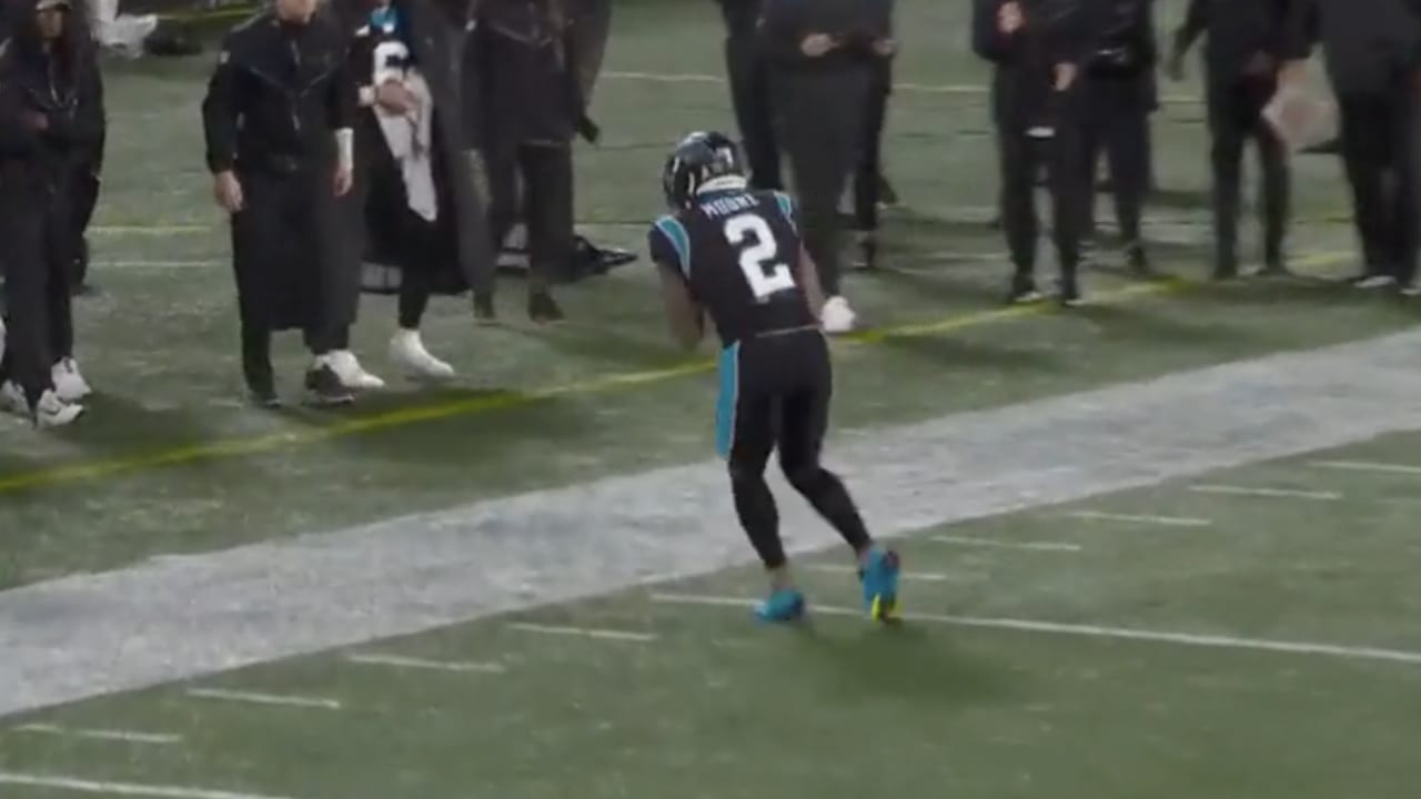 November 7, 2021: Carolina Panthers wide receiver D.J. Moore (2) celebrates  a first down catch against the New England Patriots in the third quarter of  the NFL matchup at Bank of America