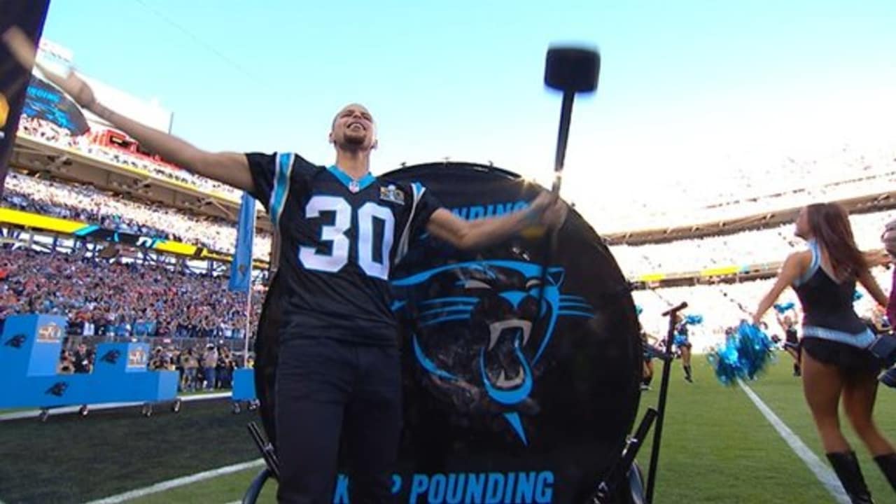 Golden State Warriors guard Stephen Curry banged Carolina Panthers' 'Keep  Pounding' drum during Super Bowl 50 - ABC7 San Francisco