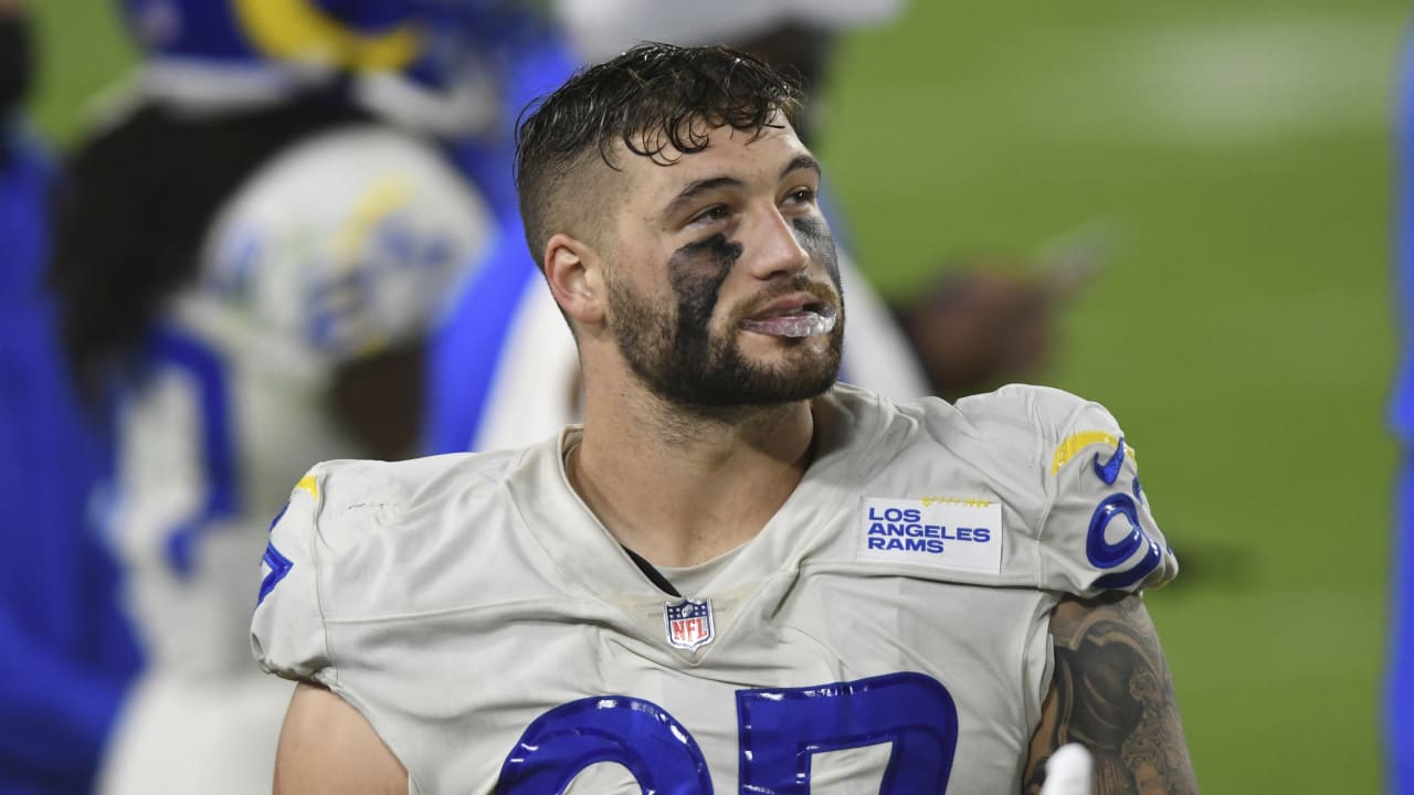 Los Angeles Rams defensive lineman Morgan Fox is pictured during the second  half of an NFL wild-card playoff football game against the Seattle  Seahawks, Saturday, Jan. 9, 2021, in Seattle. The Rams